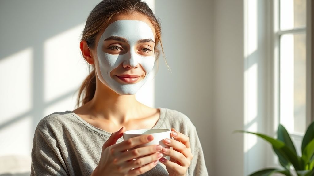 زنی در حال استفاده از ماسک ورقه‌ای آبرسان در روتین صبح برای آماده‌سازی پوست.