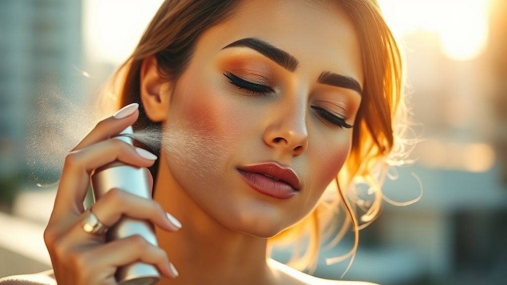 زنی در حال تمدید ضد آفتاب در طول روز با استفاده از اسپری ضد آفتاب روی آرایش صورتش.